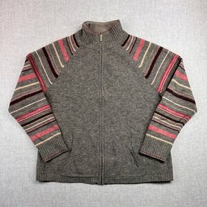 VTG Eddie Bauer Lambswool Zip Sweater Jacket Women XL Gray Striped Cottage Ski